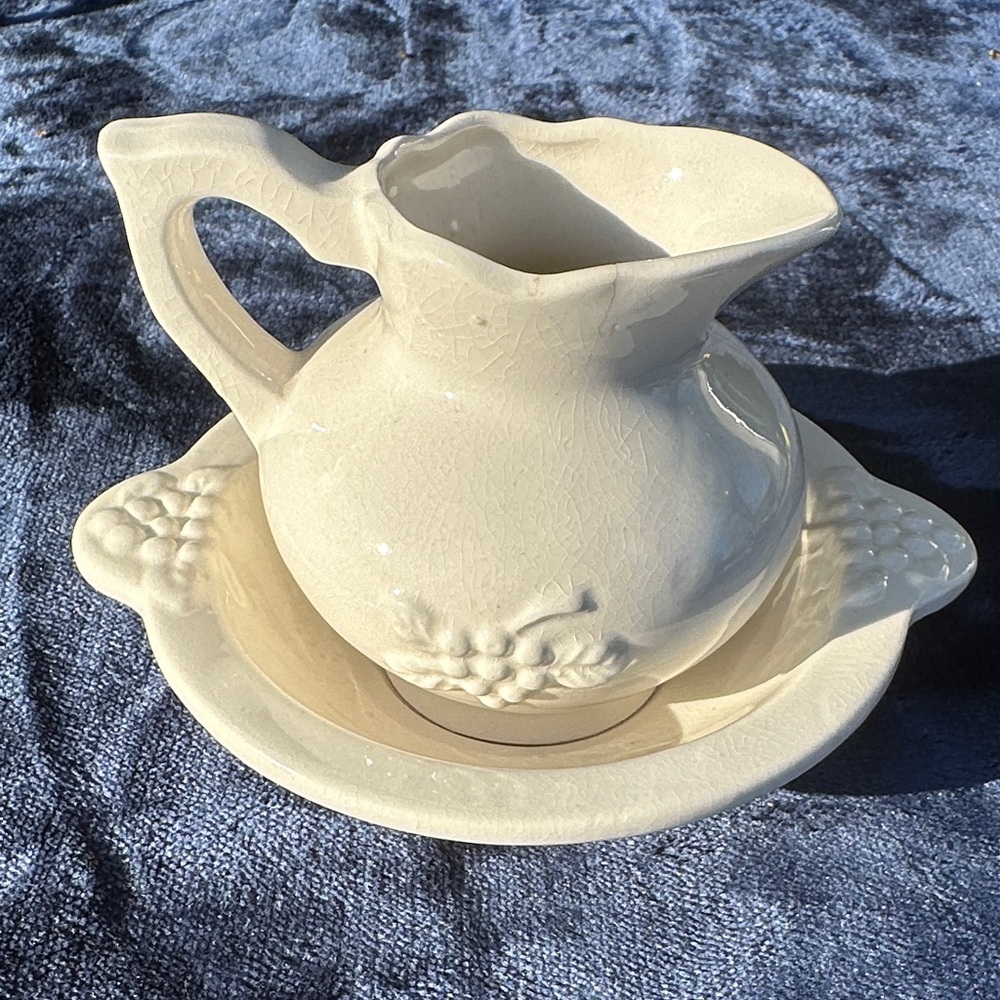 Small Pitcher & Bowl Set, White Grape & Vine Relief Motif Ceramic/Porcelain